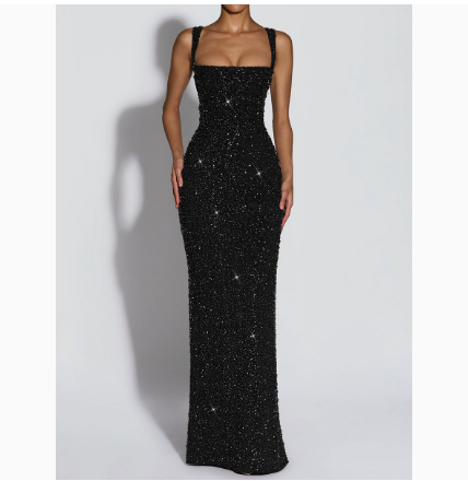 European and American Foreign Trade Women's Dress Sequined Strapless Evening Gown Sexy Evening Dress Slim Fit Backless Long Dress